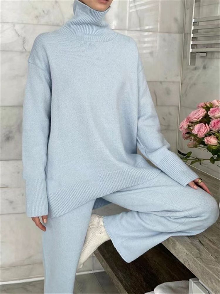 2 Pieces Women Sets Knitted Tracksuit Turtleneck Sweater mystore