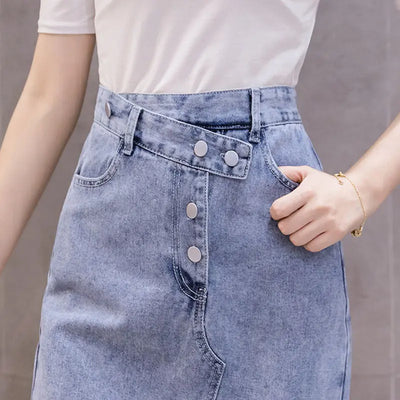 Autumn Irregular Long Denim Skirts Womens Double Split Skirt High Waisted Korean Style Elegant Long Maxi Skirt Jean mystore