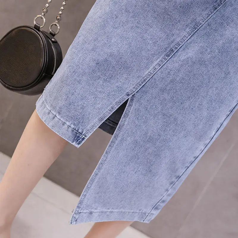 Autumn Irregular Long Denim Skirts Womens Double Split Skirt High Waisted Korean Style Elegant Long Maxi Skirt Jean mystore
