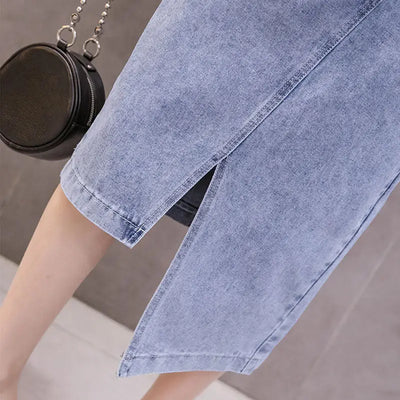 Autumn Irregular Long Denim Skirts Womens Double Split Skirt High Waisted Korean Style Elegant Long Maxi Skirt Jean mystore