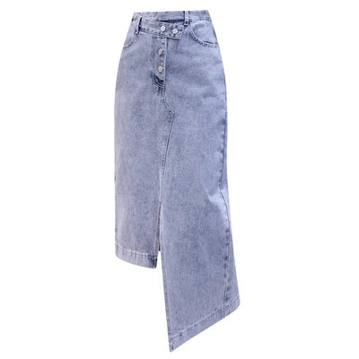 Autumn Irregular Long Denim Skirts Womens Double Split Skirt High Waisted Korean Style Elegant Long Maxi Skirt Jean mystore