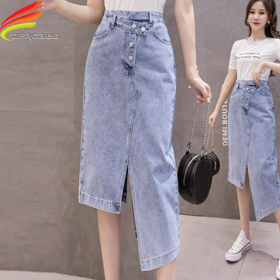 Autumn Irregular Long Denim Skirts Womens Double Split Skirt High Waisted Korean Style Elegant Long Maxi Skirt Jean mystore
