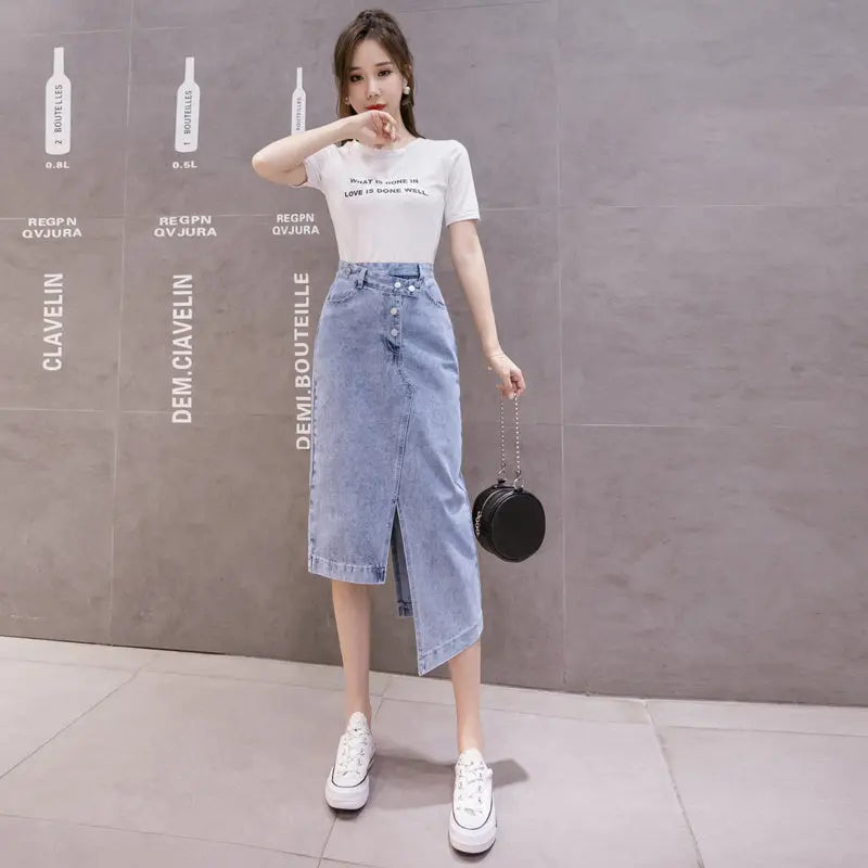 Autumn Irregular Long Denim Skirts Womens Double Split Skirt High Waisted Korean Style Elegant Long Maxi Skirt Jean mystore