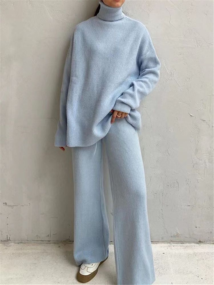 2 Pieces Women Sets Knitted Tracksuit Turtleneck Sweater mystore