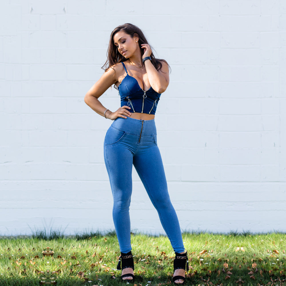 Shascullfites Shaper Set Light Blue Lift Jeggings Sets High Waist Jeans Crop Top Two Piece Sets Womens Outifits mystore