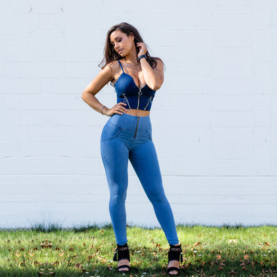 Shascullfites Shaper Set Light Blue Lift Jeggings Sets High Waist Jeans Crop Top Two Piece Sets Womens Outifits mystore