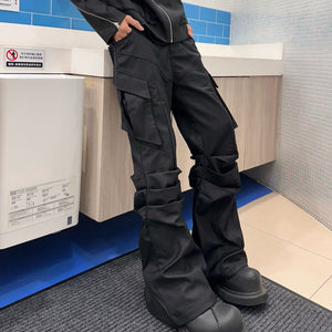 Large Pocket Pleated Black Cargo Pants Men mystore