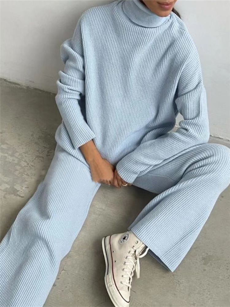 2 Pieces Women Sets Knitted Tracksuit Turtleneck Sweater mystore