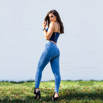 Shascullfites Shaper Set Light Blue Lift Jeggings Sets High Waist Jeans Crop Top Two Piece Sets Womens Outifits mystore