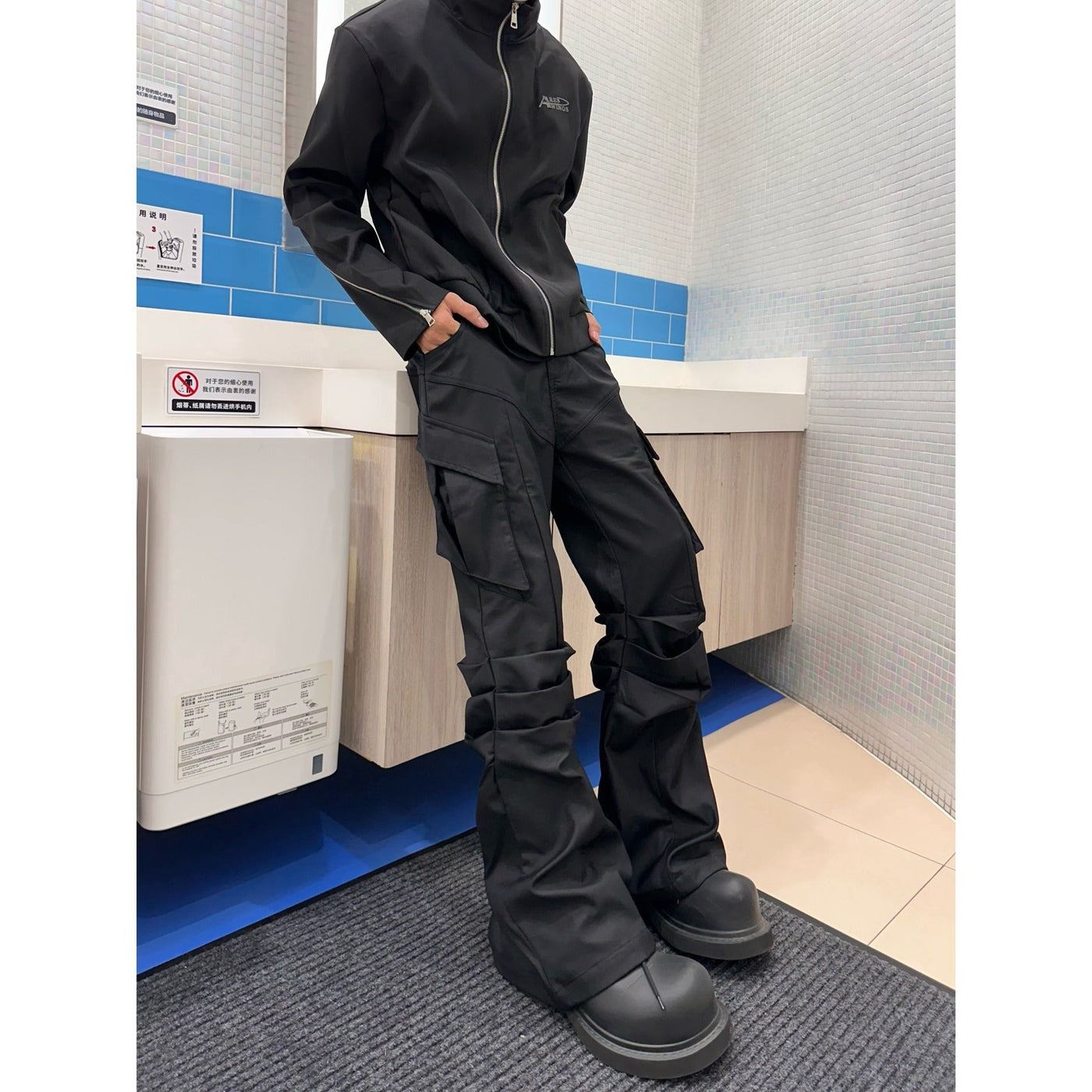 Large Pocket Pleated Black Cargo Pants Men mystore