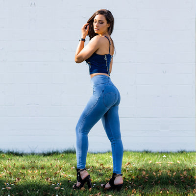 Shascullfites Shaper Set Light Blue Lift Jeggings Sets High Waist Jeans Crop Top Two Piece Sets Womens Outifits mystore